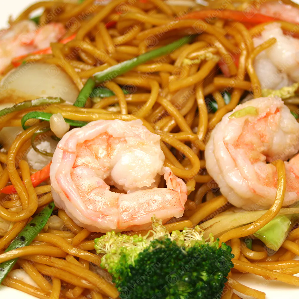Stir-fried noodles with shrimp and vegetables at JS Chen's DimSum & BBQ, a Chinese Restaurant in Plano
